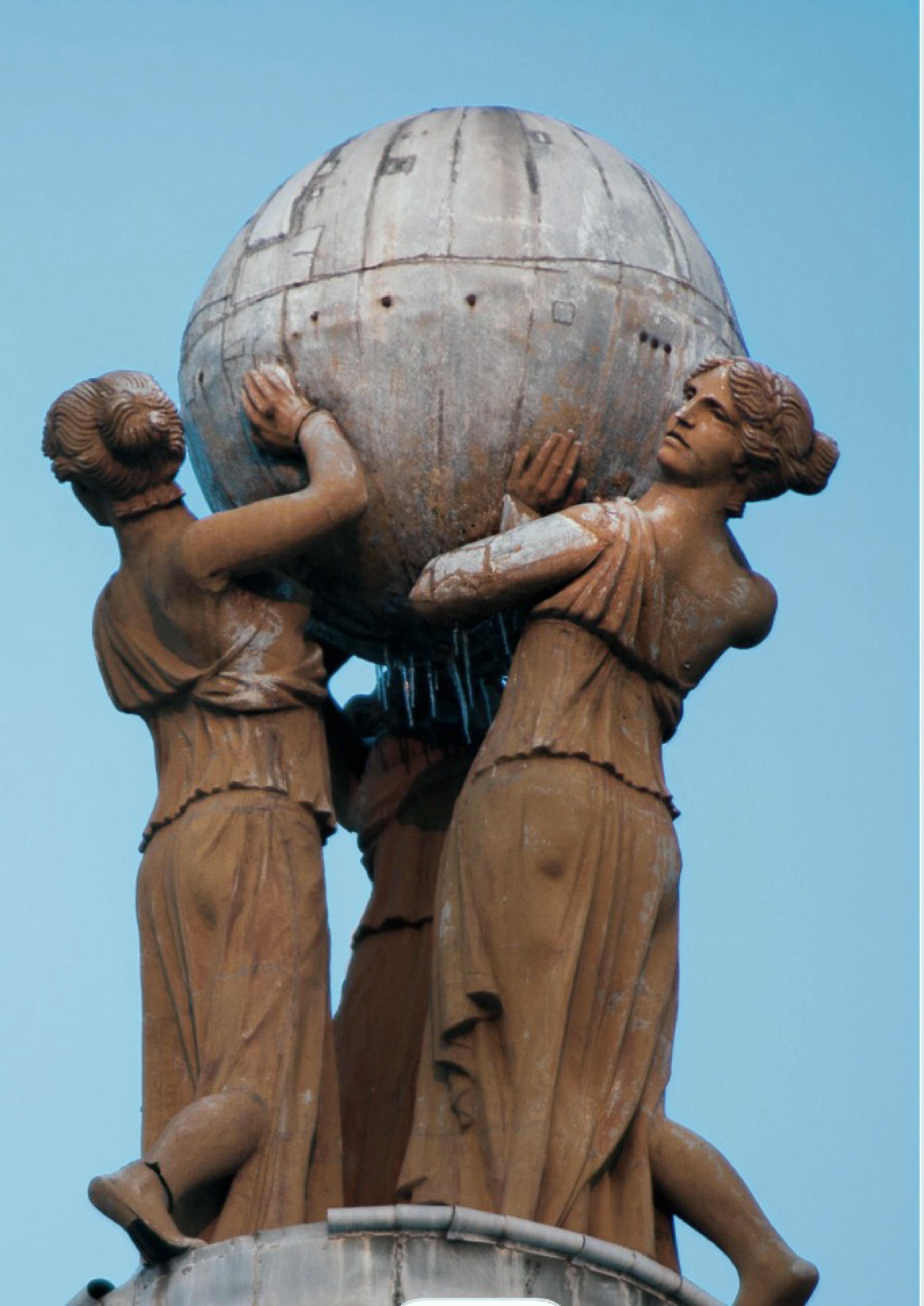 Statue of three figures together supporting a globe, the emblem behind World Arbitration Update